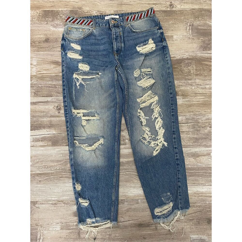 Zara Z1975 Basic Denim Boyfriend Jeans Distressed Raw Hem Beaded Women’s Sz 10